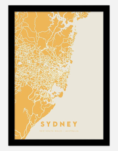 Sydney Map (Yellow) | Wall Art - A4 - Black Frame - Australia