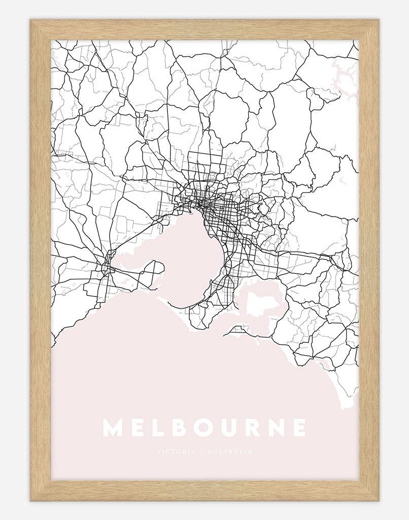Melbourne Map (Blush Pink) | Wall Art - A4 - Timber Frame - Australia