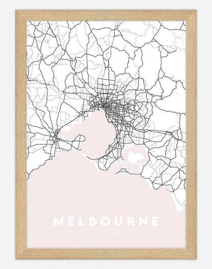 Melbourne Map (Blush Pink) | Wall Art - A4 - Timber Frame - Australia