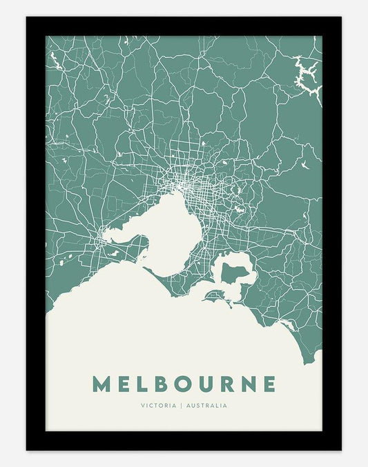 Melbourne Map (Green & Cream) | Wall Art - A4 - Black Frame - Australia