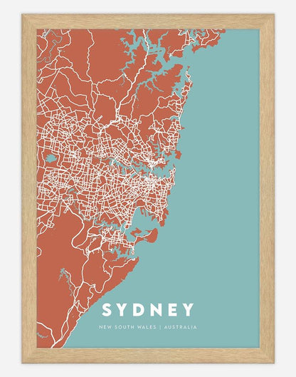 Sydney Map (Rust & Teal) | Wall Art - A4 - Timber Frame - Australia
