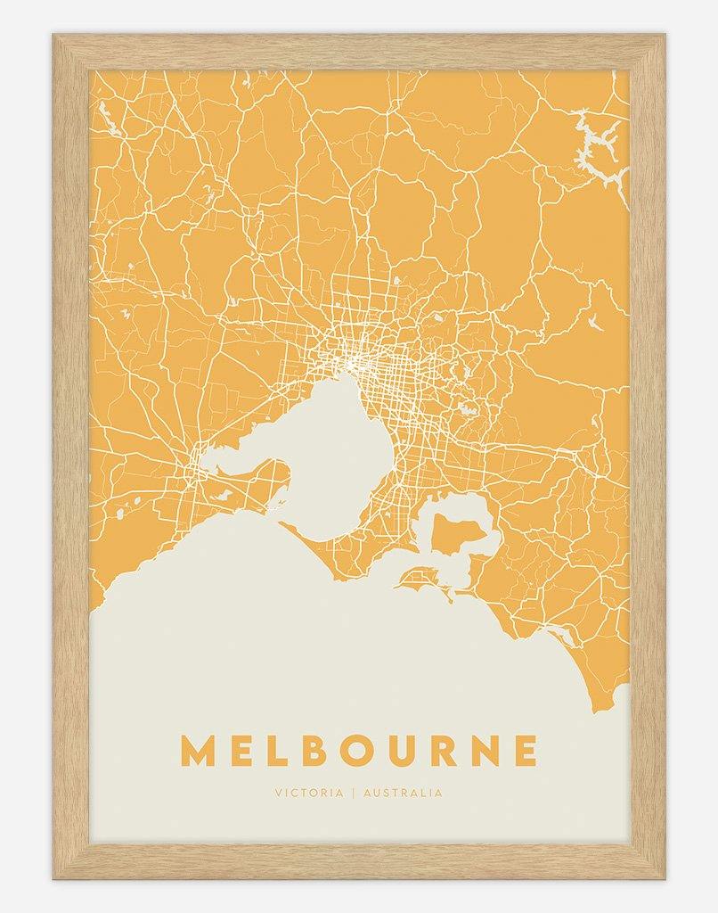 Melbourne Map (Yellow) | Wall Art - A4 - Timber Frame - Australia