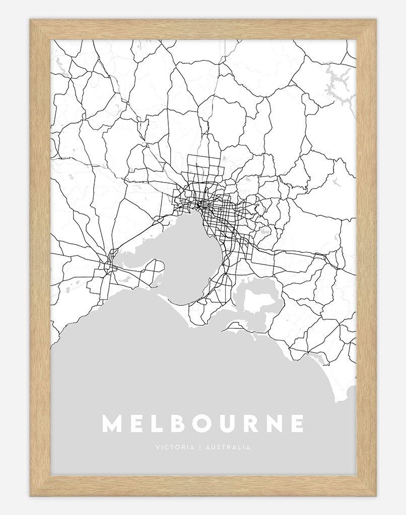 Melbourne Map (Grey) | Wall Art - A4 - Timber Frame - Australia