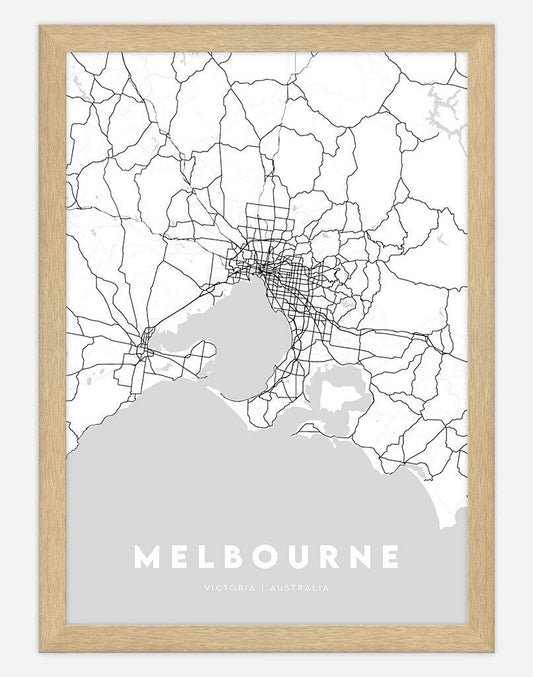 Melbourne Map (Grey) | Wall Art - A4 - Timber Frame - Australia