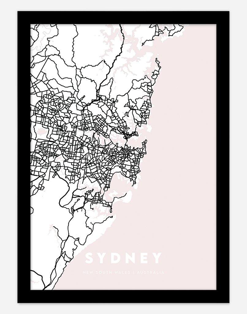 Sydney Map (Pink) | Wall Art - A4 - Black Frame - Australia