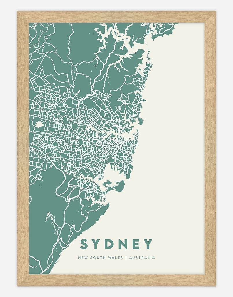 Sydney Map (Green & Cream) | Wall Art - A4 - Timber Frame - Australia