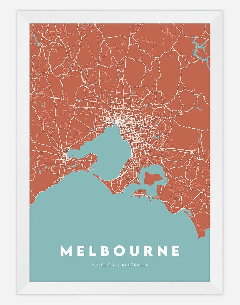 Melbourne Map (Rust & Teal) | Wall Art - A4 - White Frame - Australia