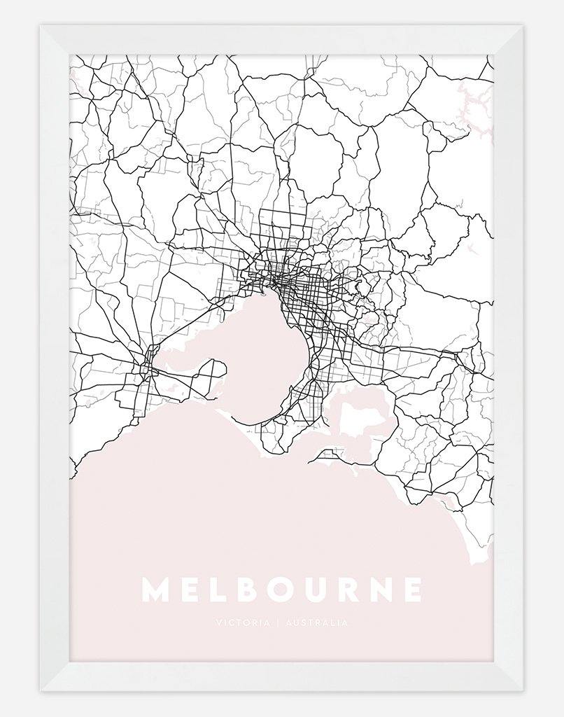 Melbourne Map (Blush Pink) | Wall Art - A4 - White Frame - Australia