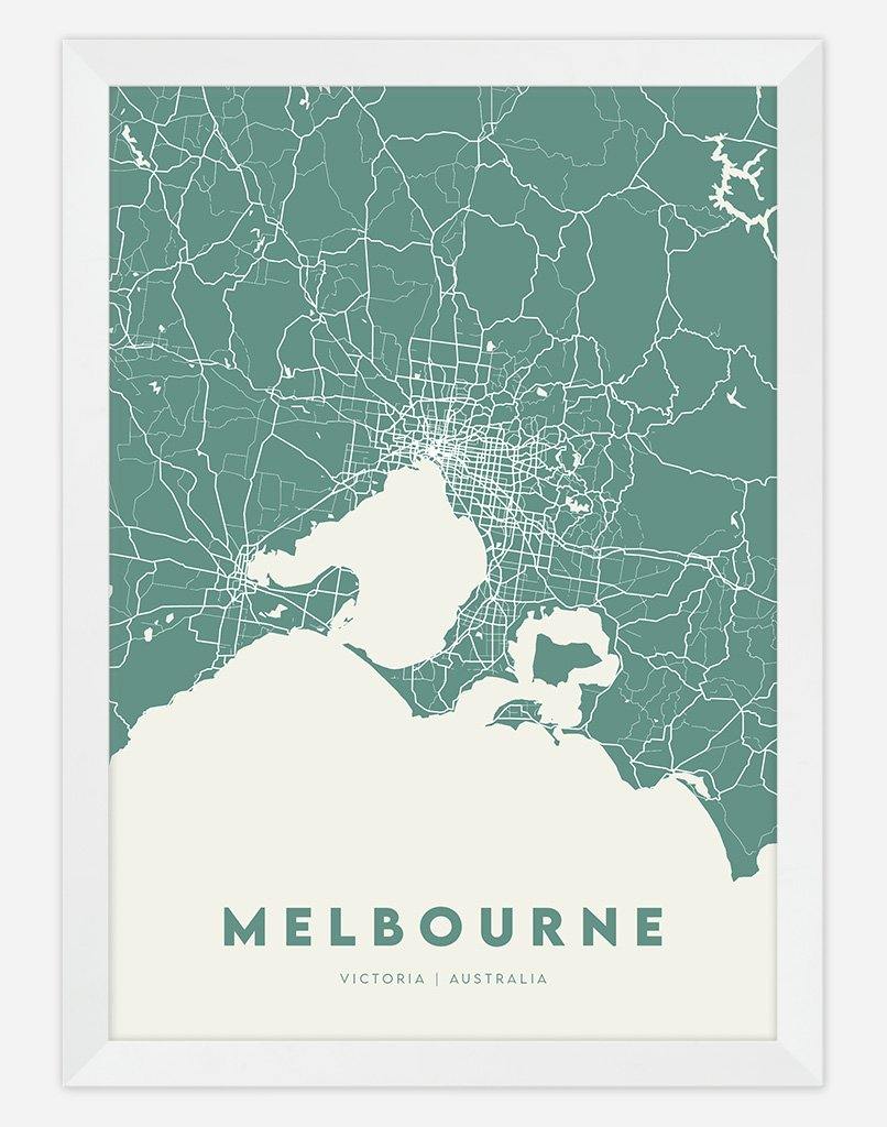 Melbourne Map (Green & Cream) | Wall Art - A4 - White Frame - Australia