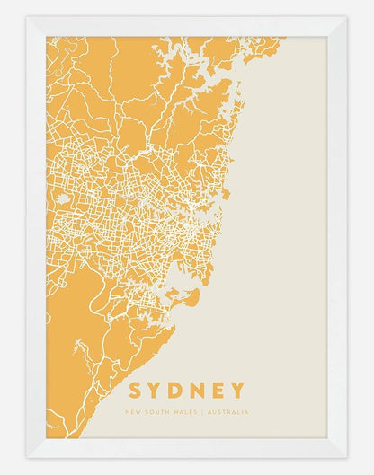 Sydney Map (Yellow) | Wall Art - A4 - White Frame - Australia
