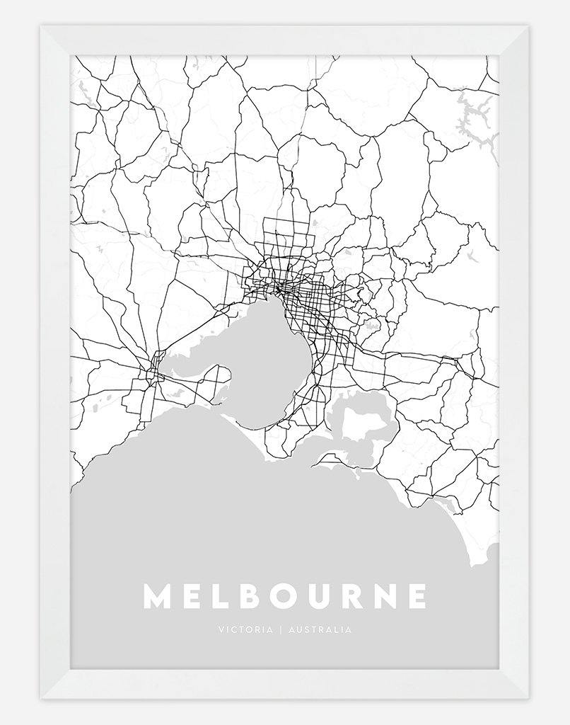 Melbourne Map (Grey) | Wall Art - A4 - White Frame - Australia