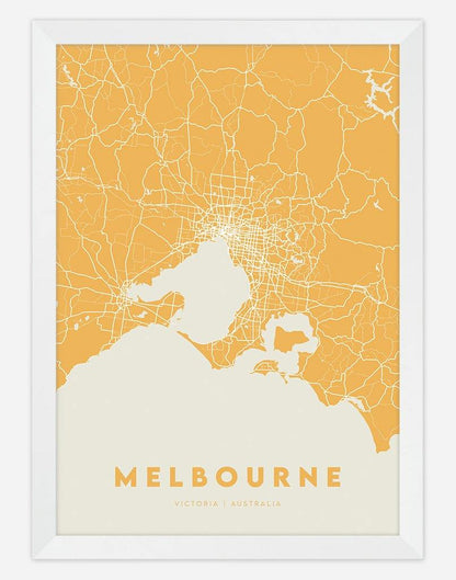 Melbourne Map (Yellow) | Wall Art - A4 - White Frame - Australia