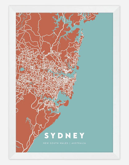 Sydney Map (Rust & Teal) | Wall Art - A4 - White Frame - Australia
