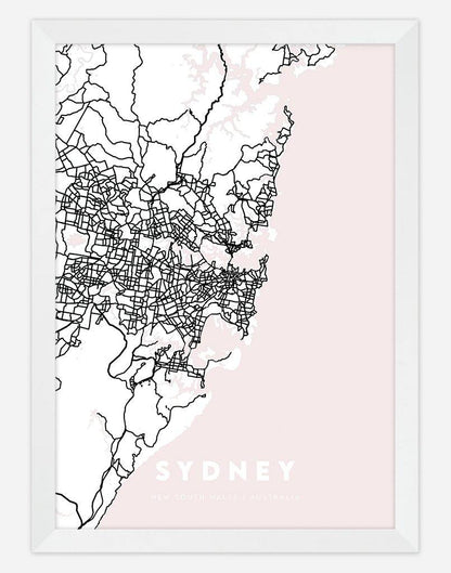 Sydney Map (Pink) | Wall Art - A4 - White Frame - Australia