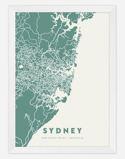 Sydney Map (Green & Cream) | Wall Art - A4 - White Frame - Australia