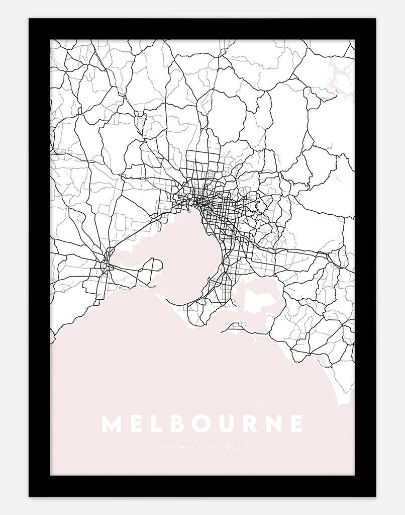 Melbourne Map (Blush Pink) | Wall Art - A4 - Black Frame - Australia