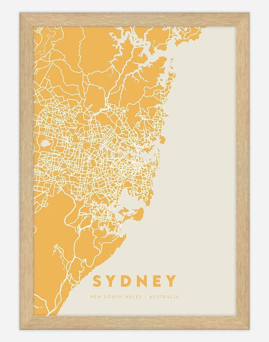 Sydney Map (Yellow) | Wall Art - A4 - Timber Frame - Australia