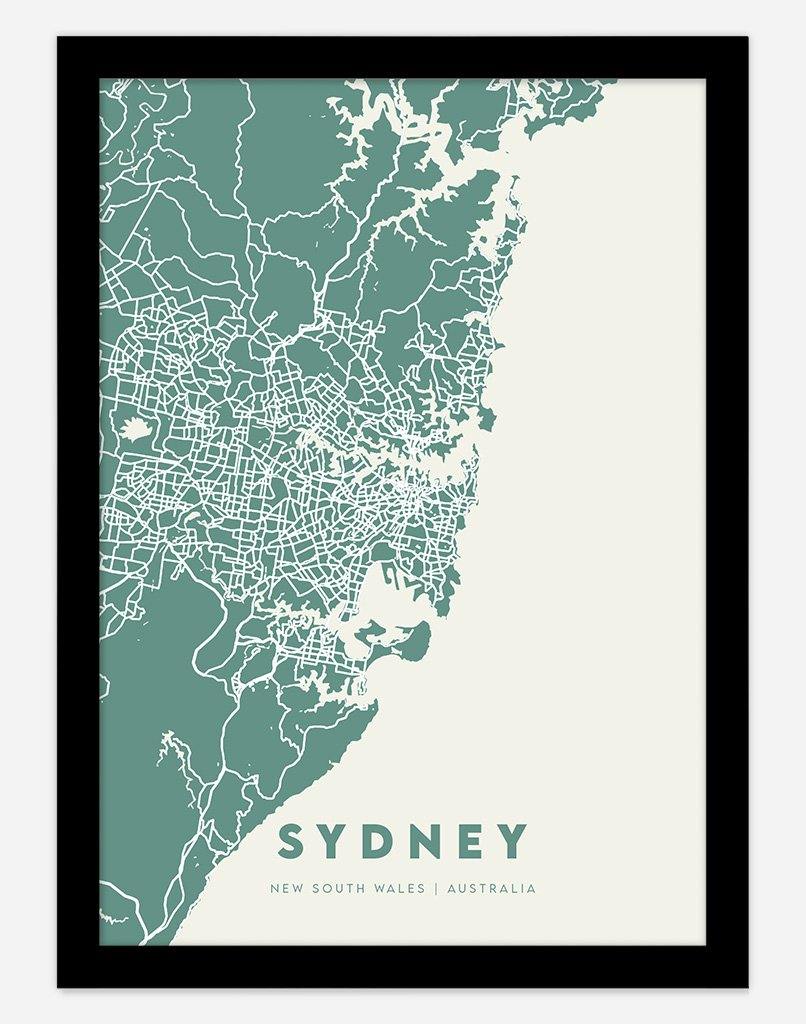 Sydney Map (Green & Cream) | Wall Art - A4 - Black Frame - Australia