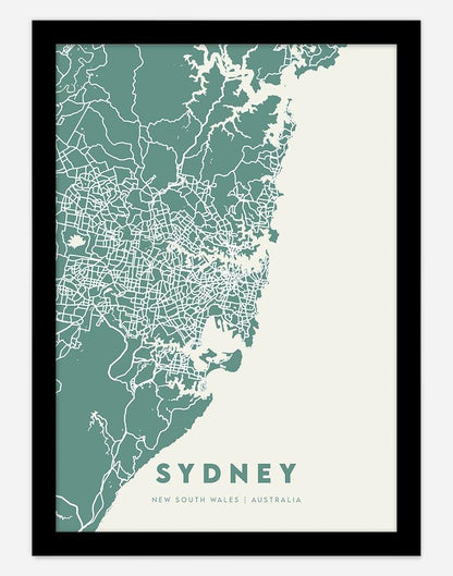 Sydney Map (Green & Cream) | Wall Art - A4 - Black Frame - Australia