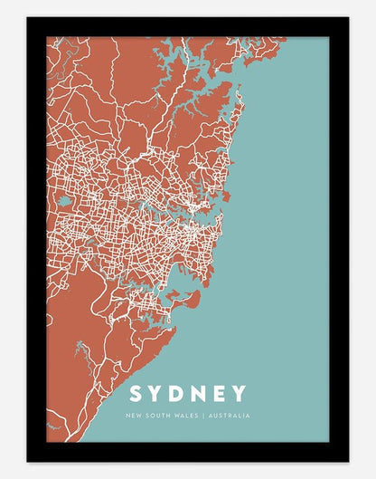 Sydney Map (Rust & Teal) | Wall Art - A4 - Black Frame - Australia