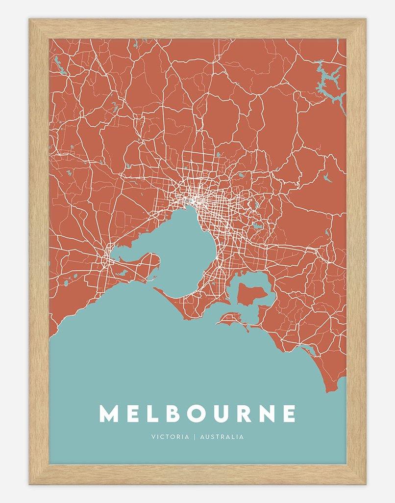 Melbourne Map (Rust & Teal) | Wall Art - A4 - Timber Frame - Australia