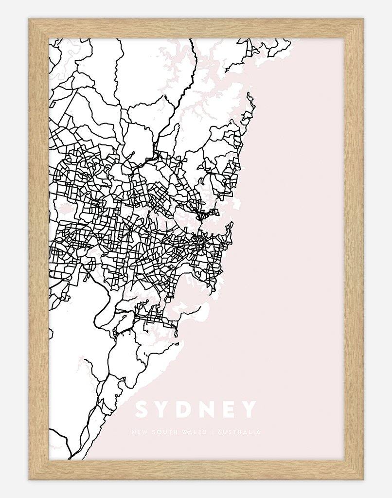 Sydney Map (Pink) | Wall Art - A4 - Timber Frame - Australia