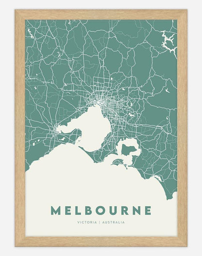 Melbourne Map (Green & Cream) | Wall Art - A4 - Timber Frame - Australia