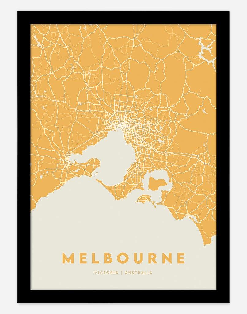 Melbourne Map (Yellow) | Wall Art - A4 - Black Frame - Australia