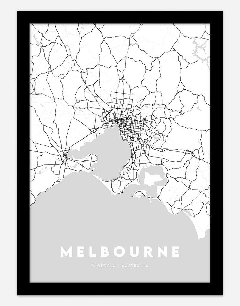 Melbourne Map (Grey) | Wall Art - A4 - Black Frame - Australia