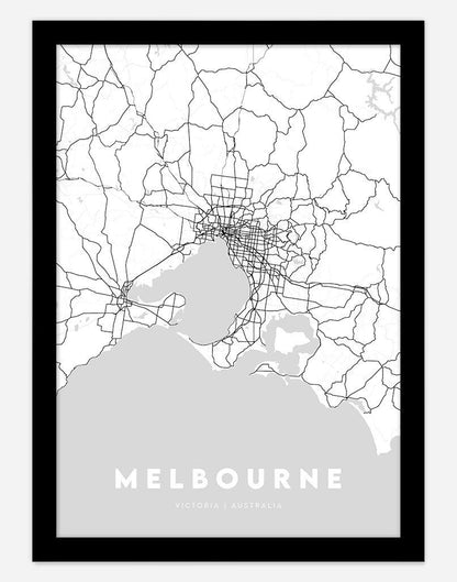 Melbourne Map (Grey) | Wall Art - A4 - Black Frame - Australia