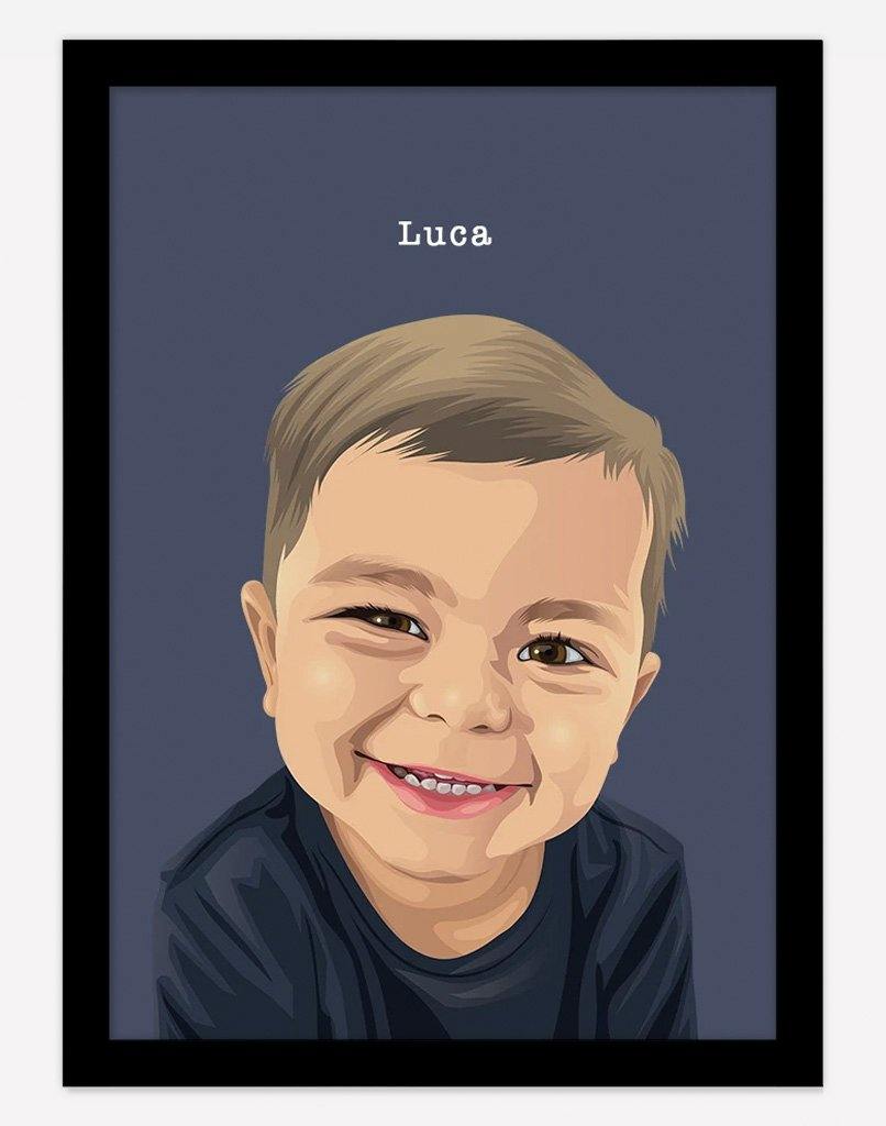 Black-framed personalised child portrait, custom illustrated from a photo by Oh Barney in Australia.
