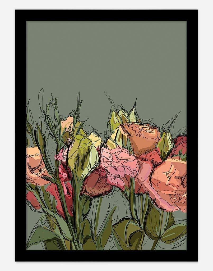 Flowers Sketch | Wall Art - A4 - Black Frame - Green Australia