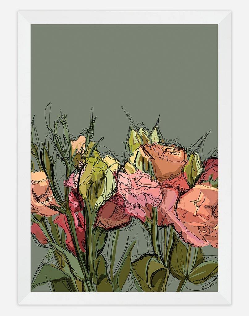 Flowers Sketch | Wall Art - A4 - White Frame - Green Australia