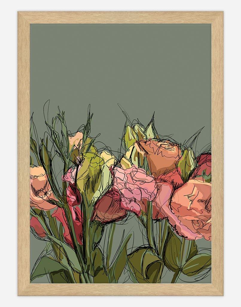 Flowers Sketch | Wall Art - A4 - Timber Frame - Green Australia