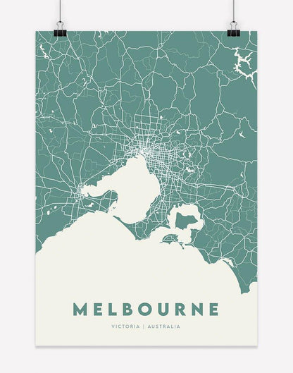 Melbourne Map (Green & Cream) | Wall Art - A4 - Unframed - Australia