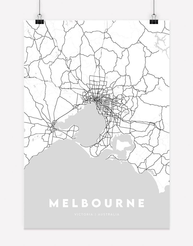 Melbourne Map (Grey) | Wall Art - A4 - Unframed - Australia