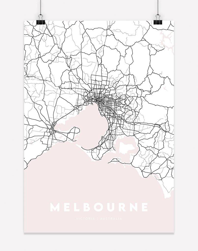 Melbourne Map (Blush Pink) | Wall Art - A4 - Unframed - Australia