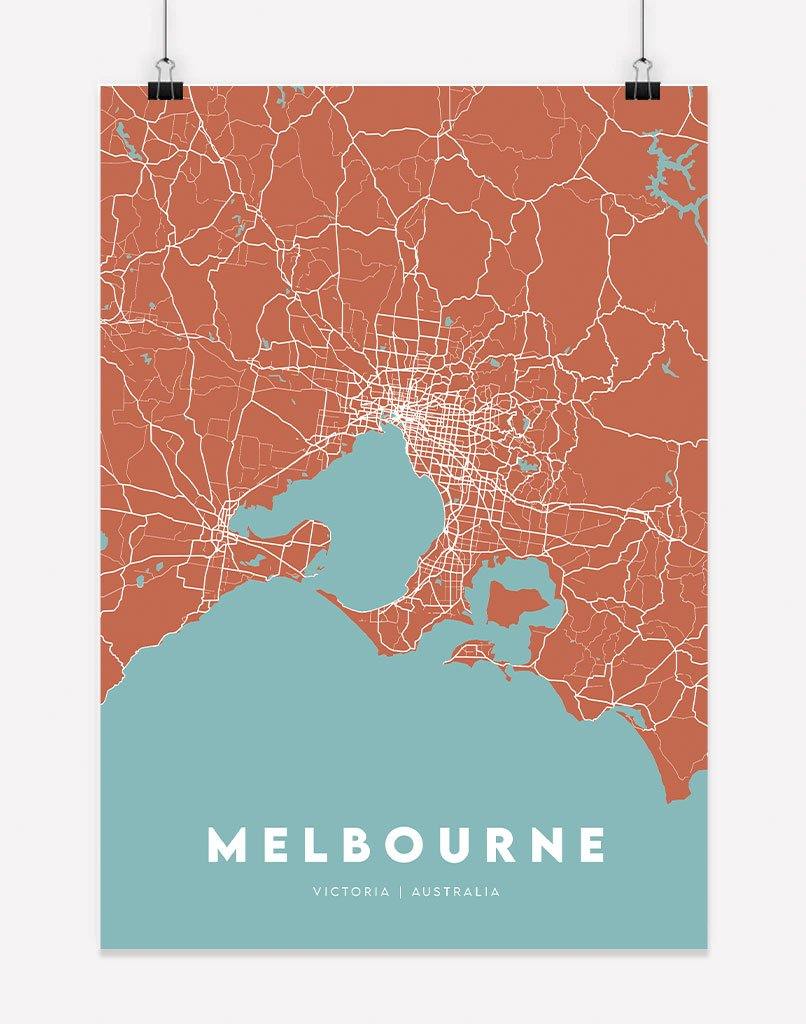 Melbourne Map (Rust & Teal) | Wall Art - A4 - Unframed - Australia