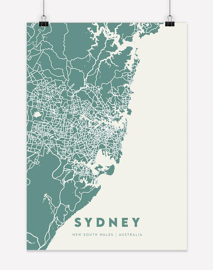 Sydney Map (Green & Cream) | Wall Art - A4 - Unframed - Australia