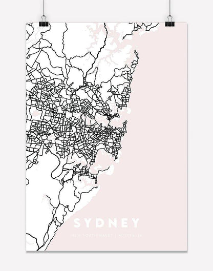 Sydney Map (Pink) | Wall Art - A4 - Unframed - Australia