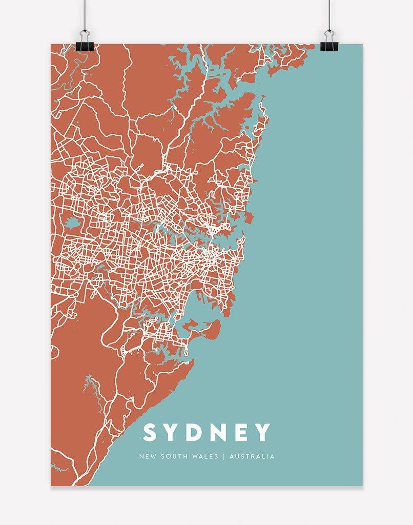 Sydney Map (Rust & Teal) | Wall Art - A4 - Unframed - Australia