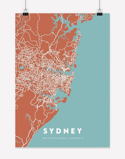 Sydney Map (Rust & Teal) | Wall Art - A4 - Unframed - Australia