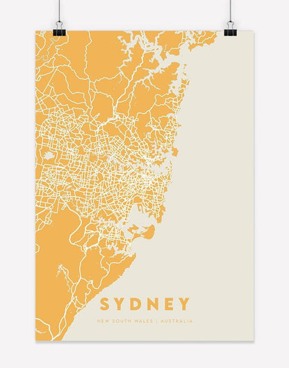 Sydney Map (Yellow) | Wall Art - A4 - Unframed - Australia